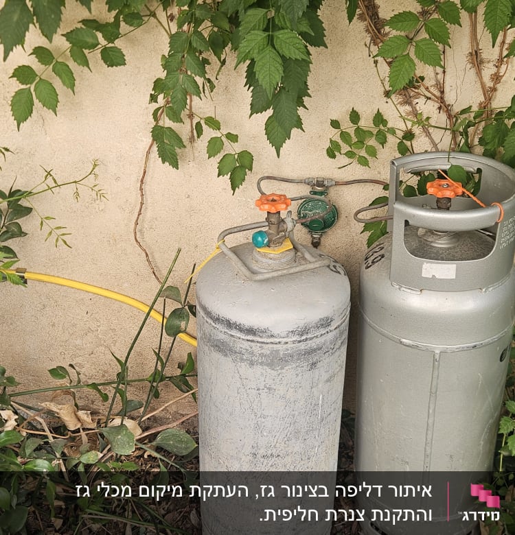 שני בלוני גז עם צינור צהוב בחצר